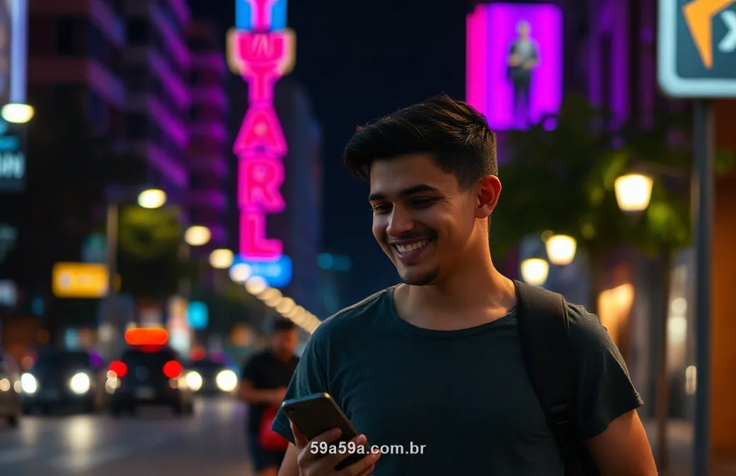 Jovem brasileiro na rua à noite com luzes roxas e magenta olhando o celular