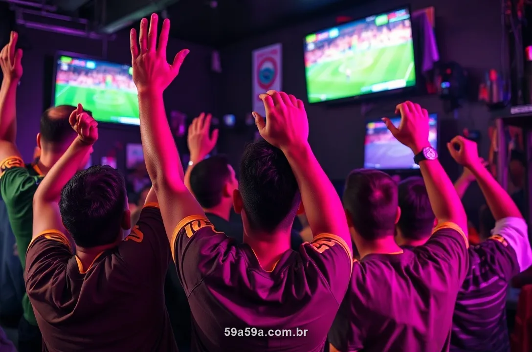 Torcedores brasileiros comemorando um jogo num bar à noite sob luz roxa