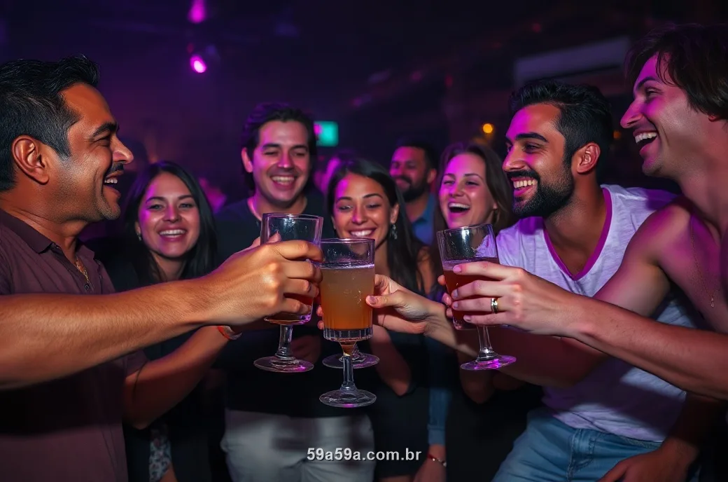 Amigos brasileiros comemorando juntos numa festa à noite com luz roxa