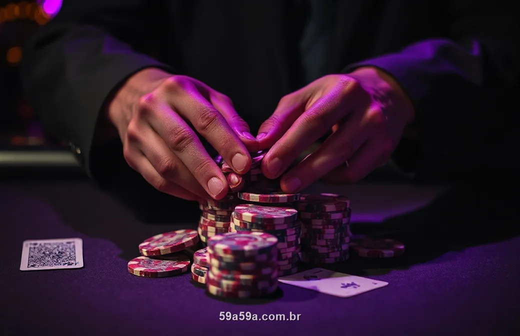 Mãos empilhando fichas e cartas sobre uma mesa de cassino sob luz roxa