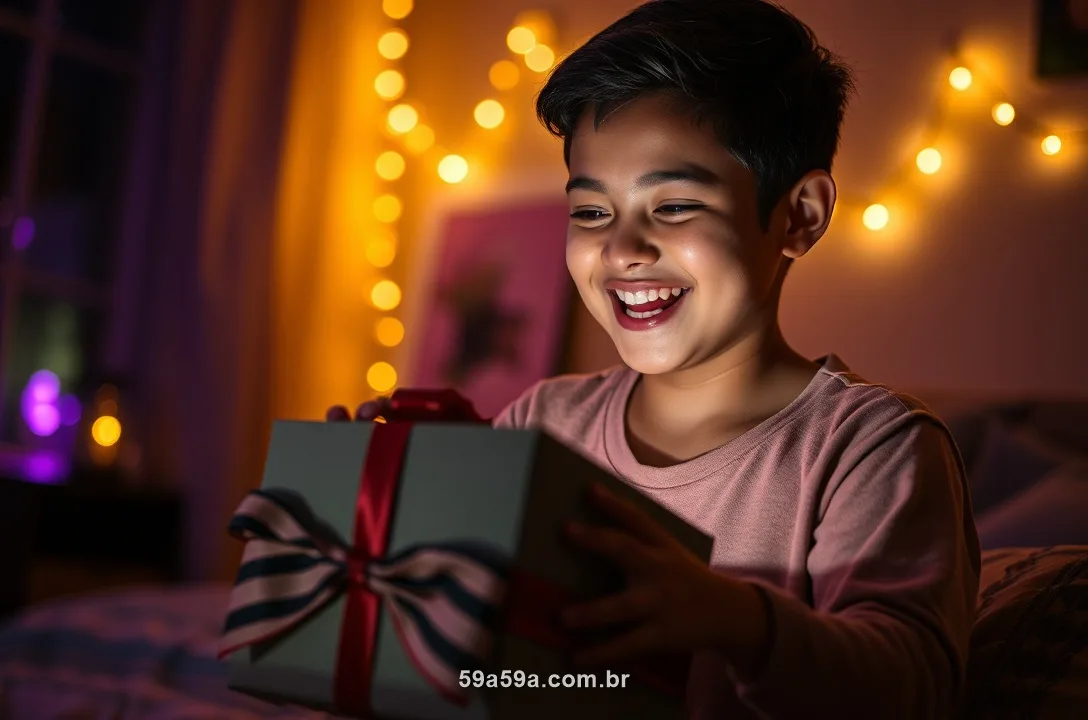 Jovem brasileiro abrindo um presente em casa à noite com luz roxa e dourada