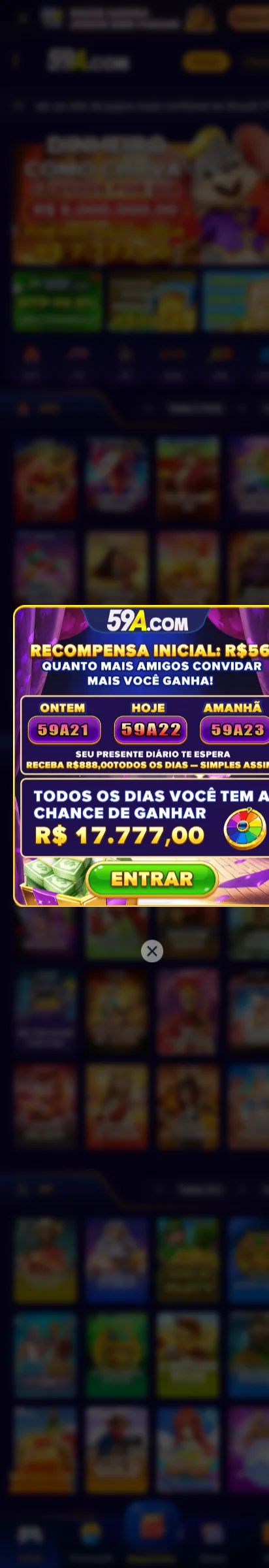 Tela inicial do app oficial 59A.com com o presente diário