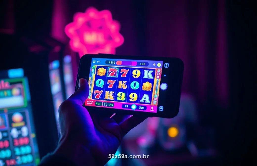 Mão segurando o celular com um caça-níquel colorido sob luz roxa à noite